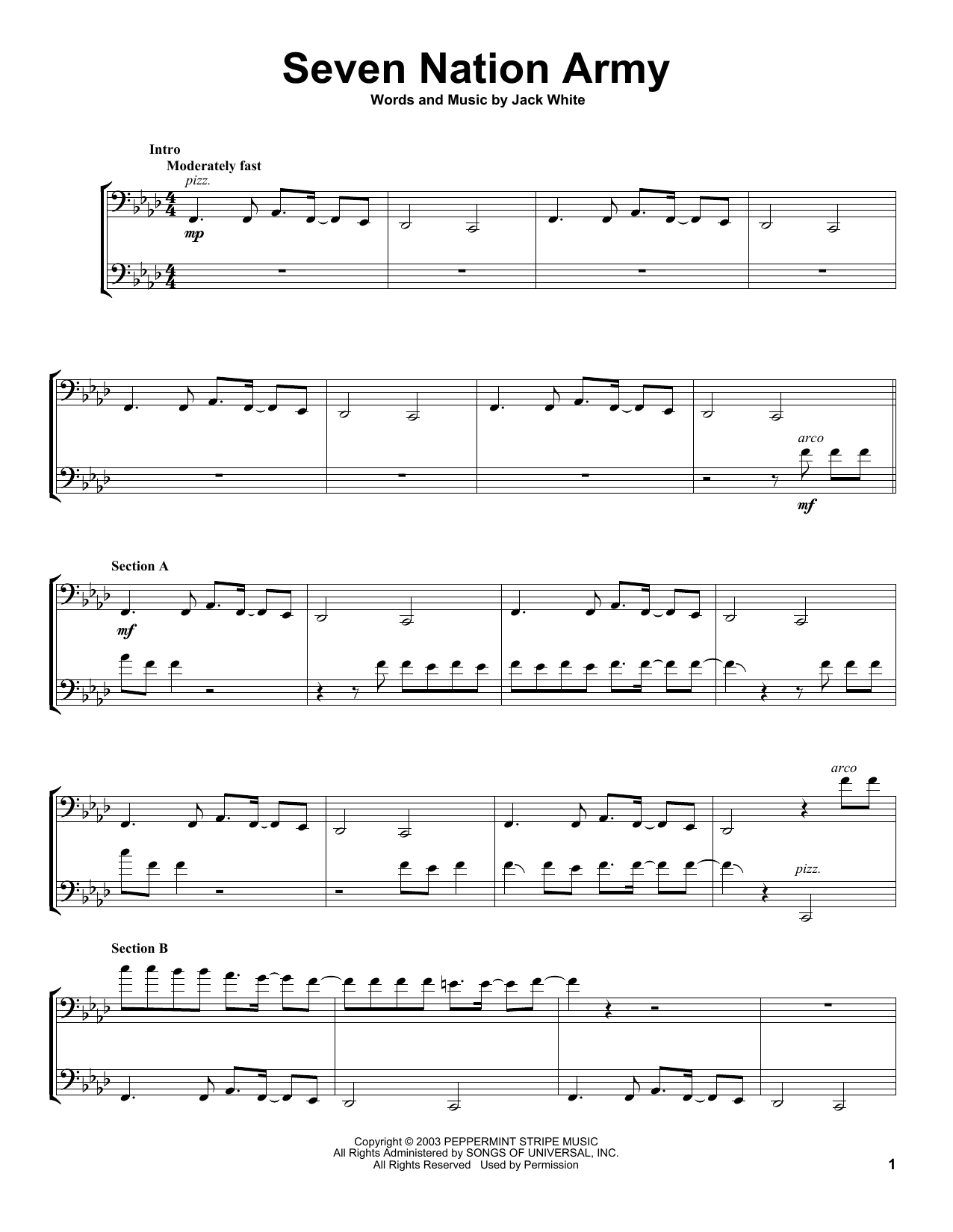 2Cellos Seven Nation Army sheet music notes and chords arranged for Cello Duet