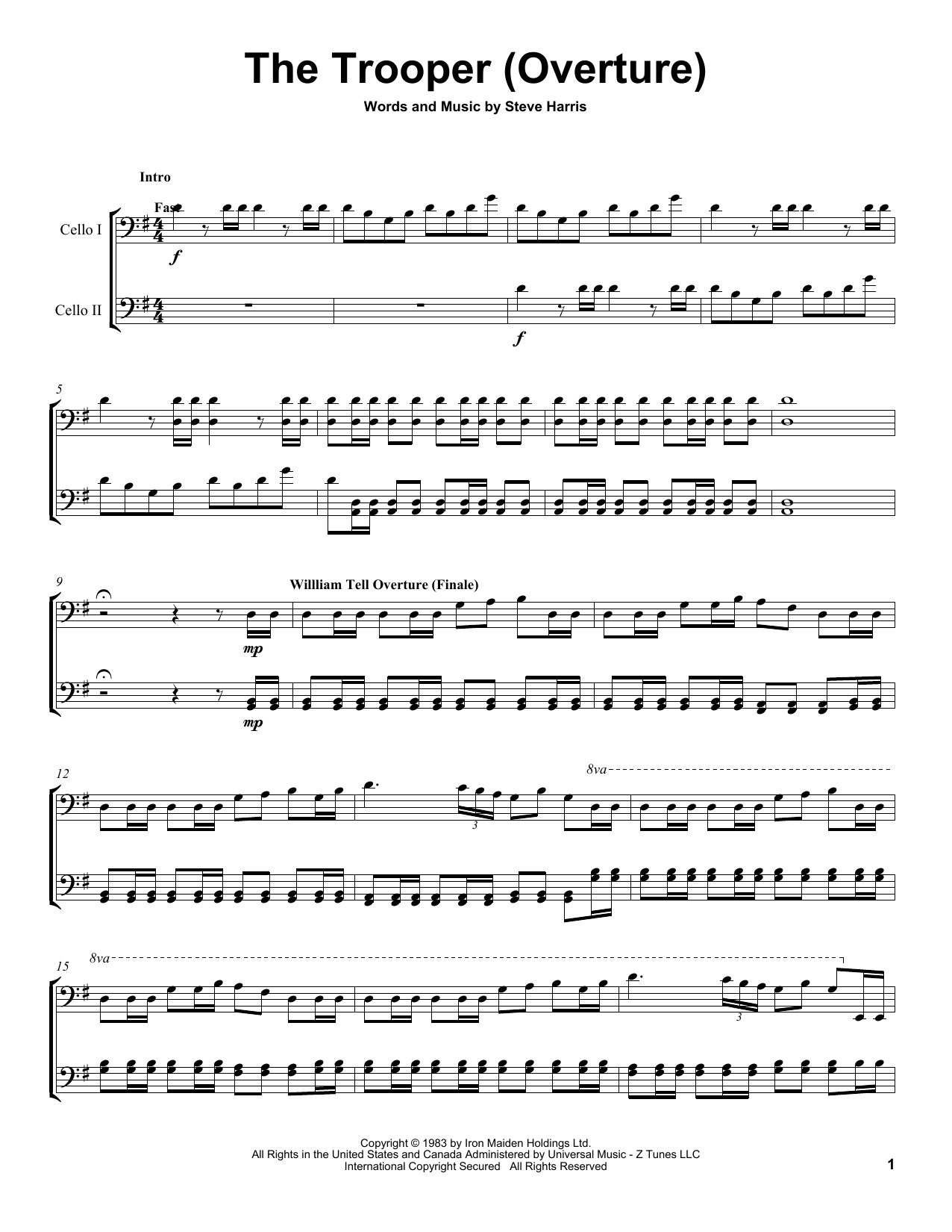 2Cellos The Trooper sheet music notes and chords arranged for Cello Duet