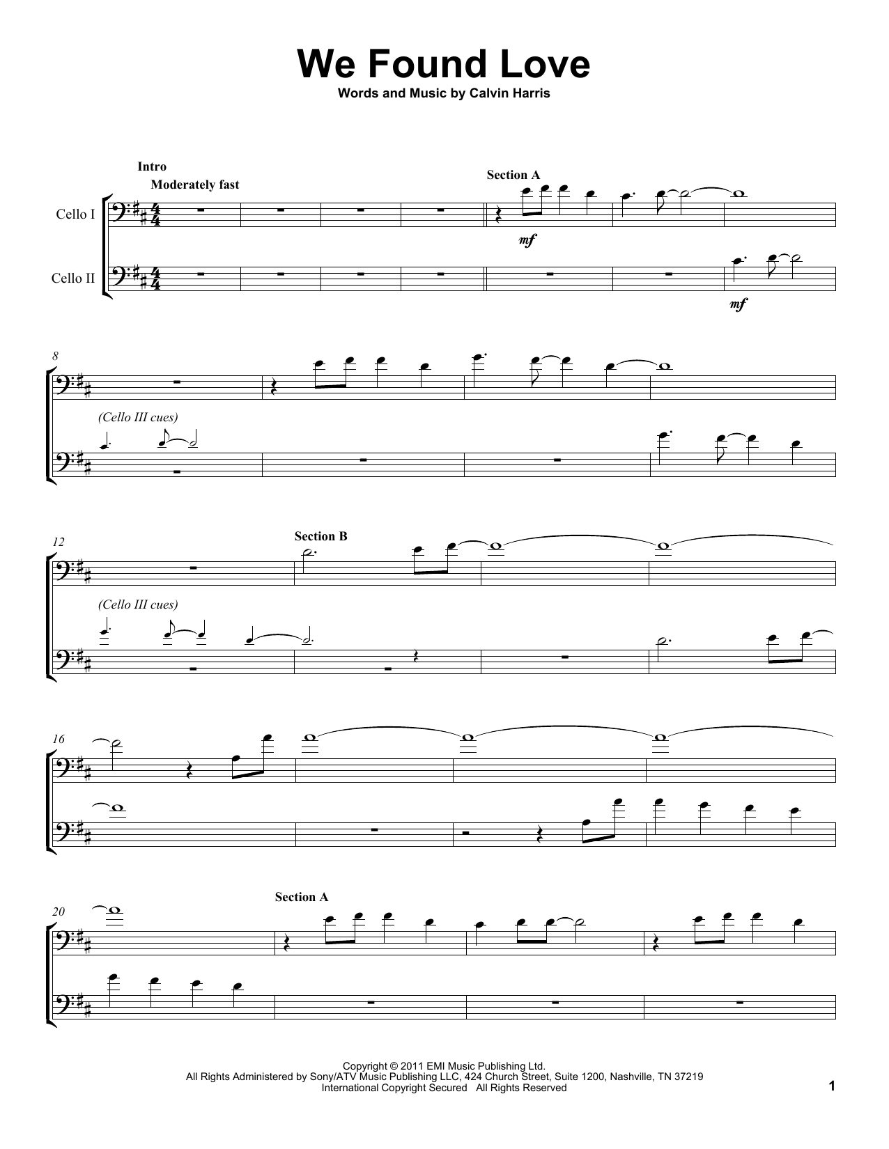 2Cellos We Found Love sheet music notes and chords arranged for Cello Duet