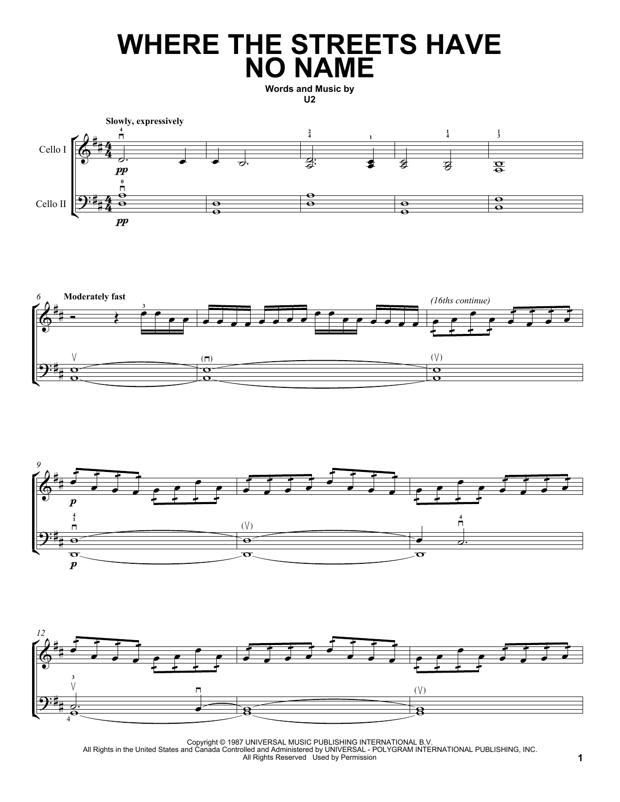 2Cellos Where The Streets Have No Name sheet music notes and chords arranged for Cello Duet