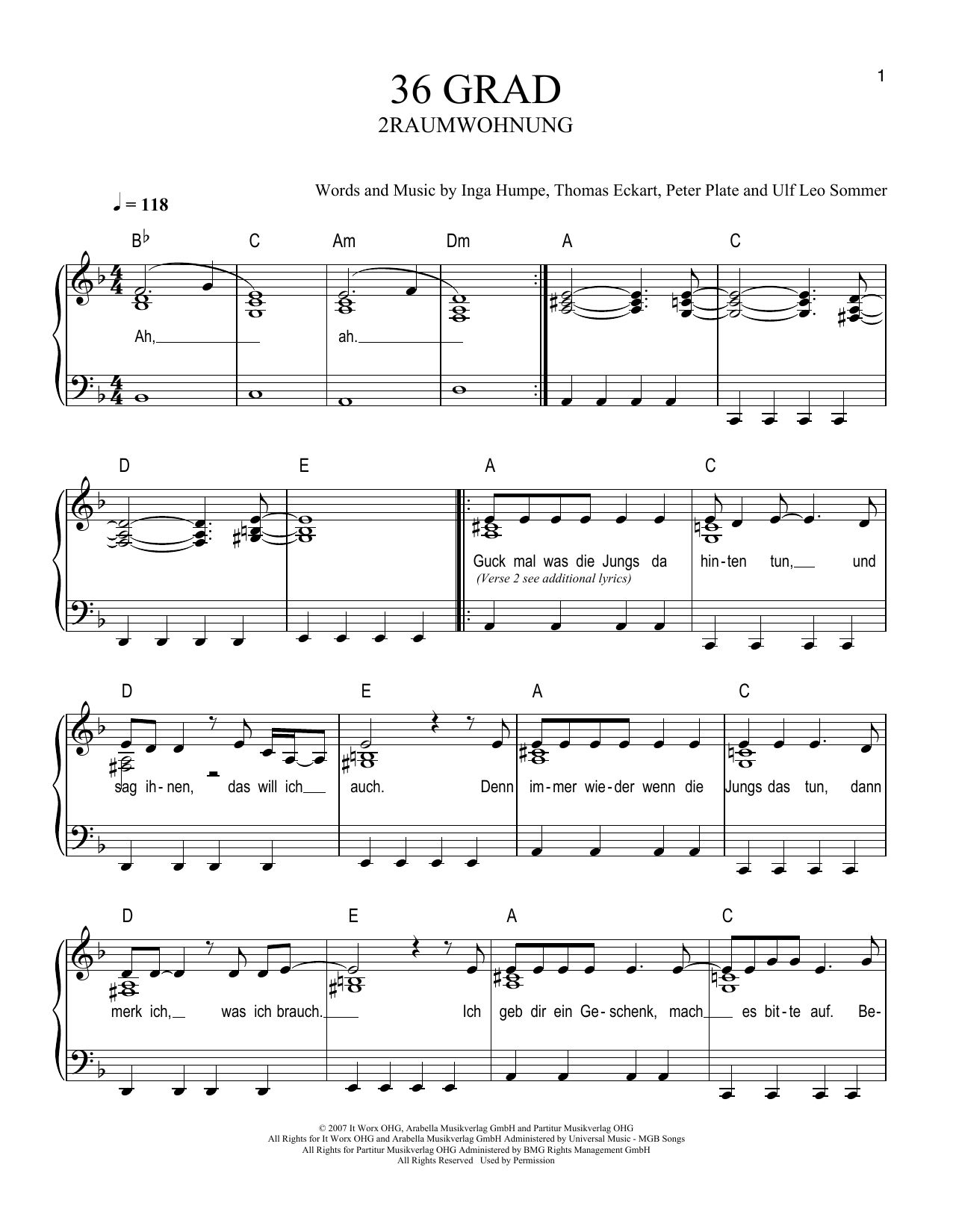 2raumwohnung 36Grad sheet music notes and chords arranged for Easy Piano