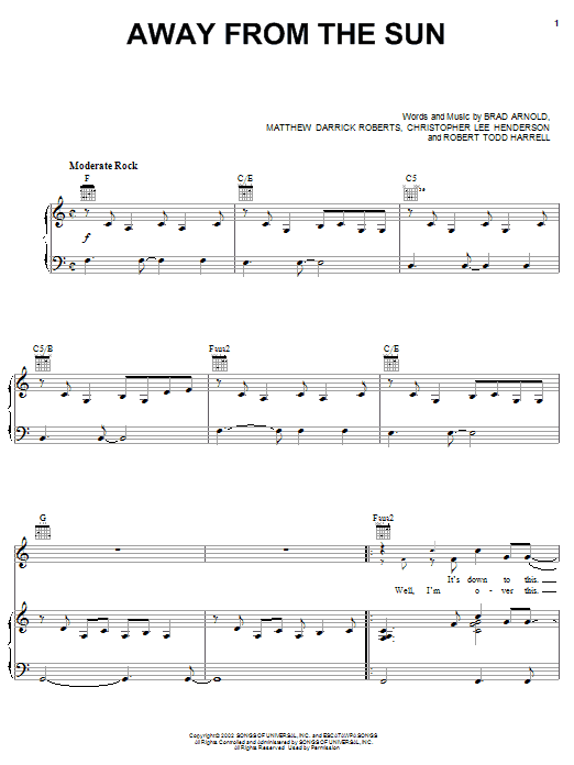 3 Doors Down Away From The Sun sheet music notes and chords arranged for Piano, Vocal & Guitar Chords (Right-Hand Melody)