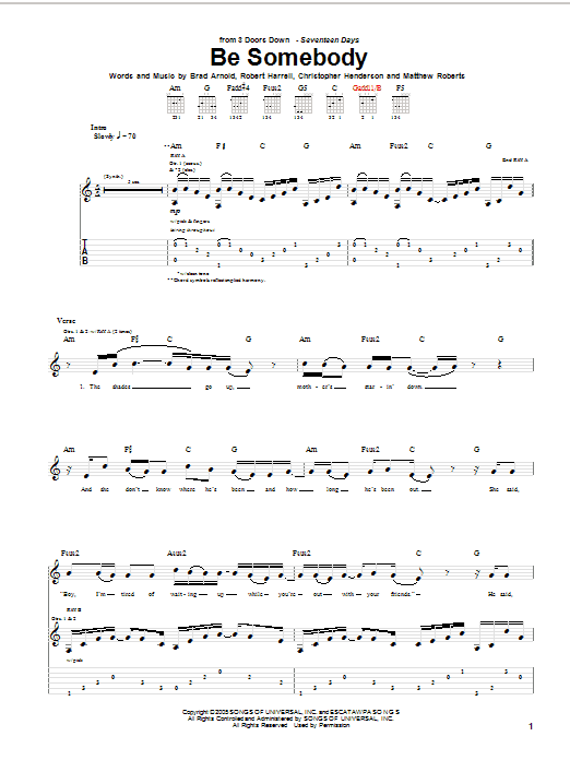 3 Doors Down Be Somebody sheet music notes and chords arranged for Guitar Tab