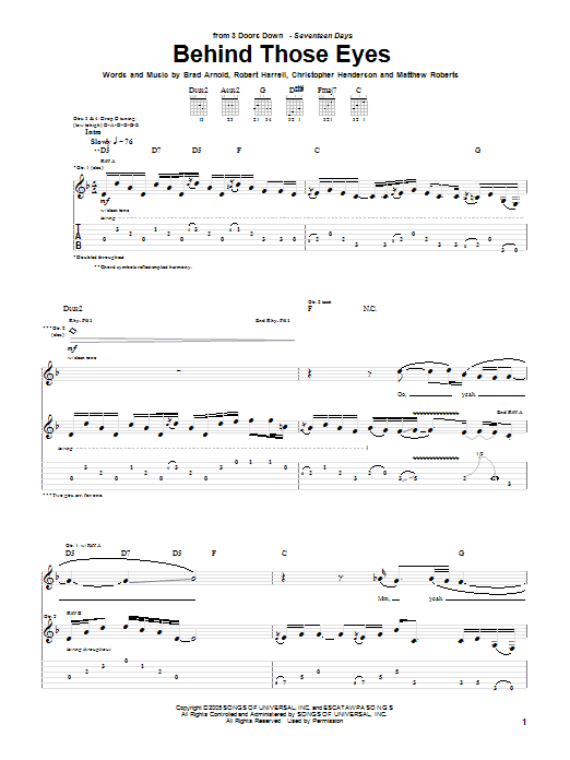 3 Doors Down Behind Those Eyes sheet music notes and chords arranged for Piano, Vocal & Guitar Chords (Right-Hand Melody)