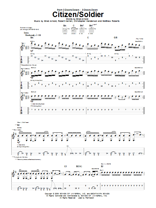 3 Doors Down Citizen/Soldier sheet music notes and chords arranged for Piano, Vocal & Guitar Chords (Right-Hand Melody)