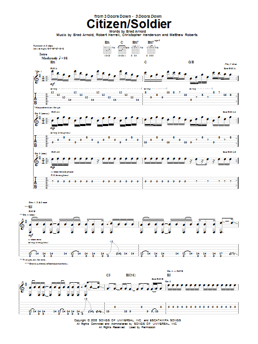 3 Doors Down Citizen/Soldier sheet music notes and chords arranged for Guitar Tab