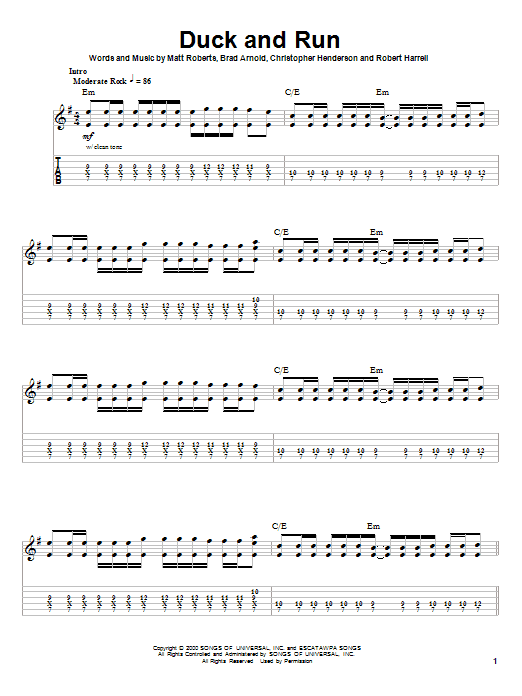 3 Doors Down Duck And Run sheet music notes and chords arranged for Guitar Tab (Single Guitar)