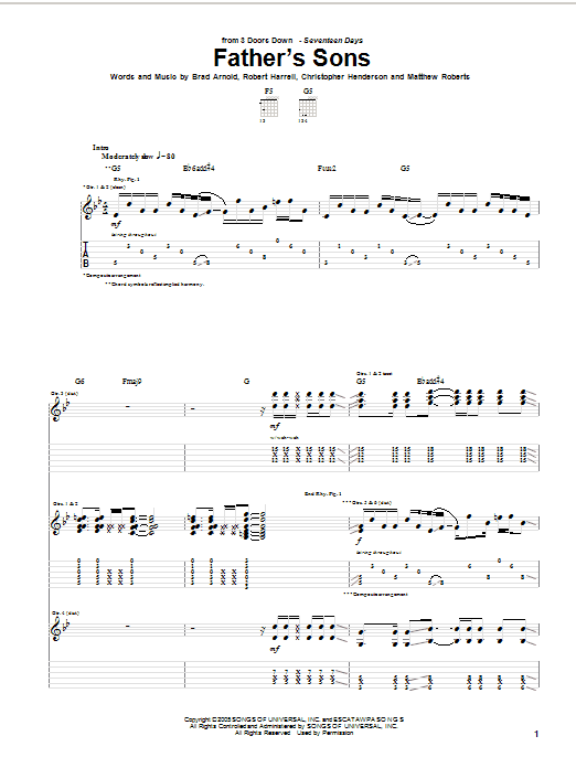 3 Doors Down Father's Sons sheet music notes and chords arranged for Piano, Vocal & Guitar Chords (Right-Hand Melody)