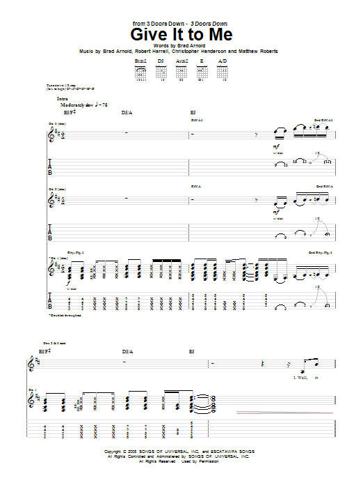 3 Doors Down Give It To Me sheet music notes and chords arranged for Piano, Vocal & Guitar Chords (Right-Hand Melody)