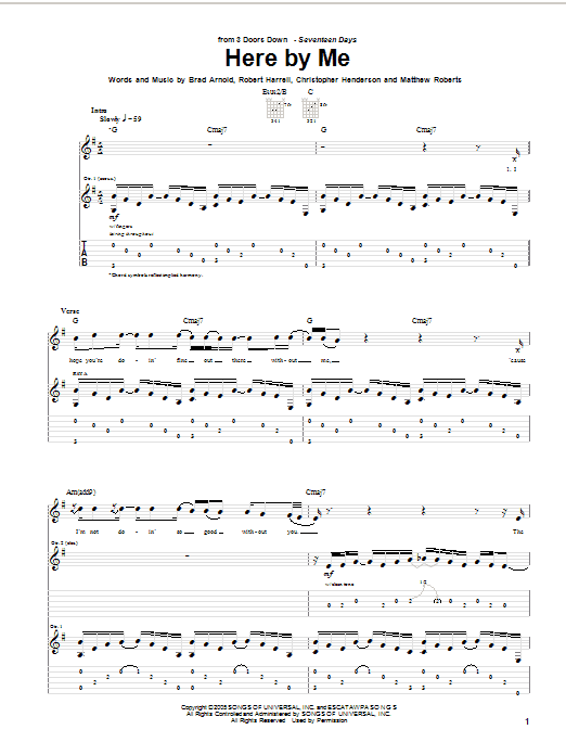 3 Doors Down Here By Me sheet music notes and chords arranged for Piano, Vocal & Guitar Chords (Right-Hand Melody)