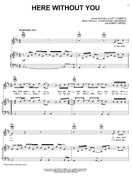 3 Doors Down Here Without You sheet music notes and chords arranged for Guitar Tab (Single Guitar)