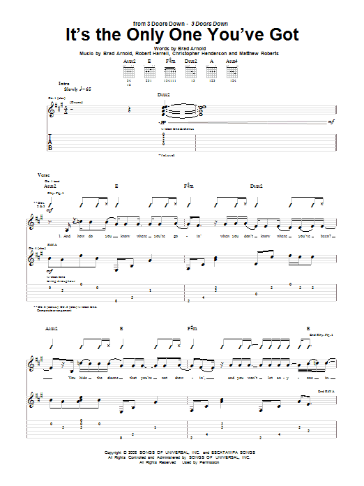 3 Doors Down It's The Only One You've Got sheet music notes and chords arranged for Piano, Vocal & Guitar Chords (Right-Hand Melody)