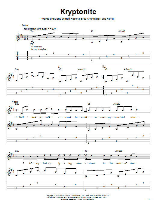 3 Doors Down Kryptonite sheet music notes and chords arranged for Easy Guitar