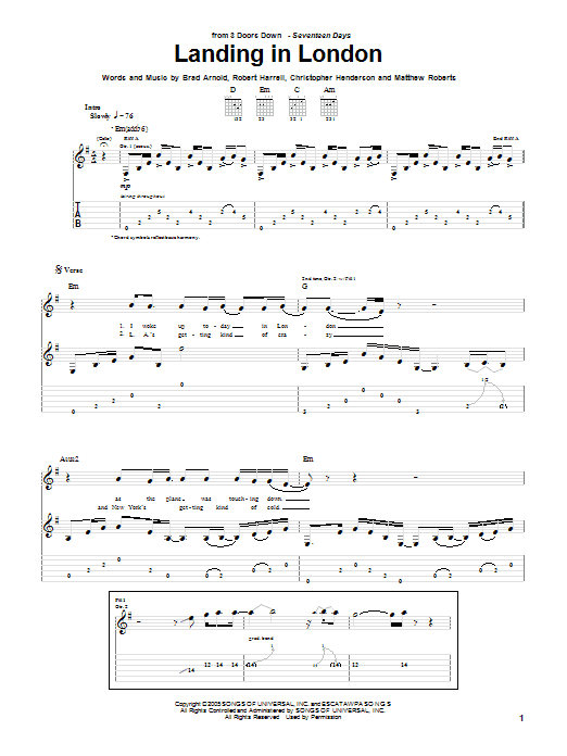 3 Doors Down Landing In London sheet music notes and chords arranged for Piano, Vocal & Guitar Chords (Right-Hand Melody)