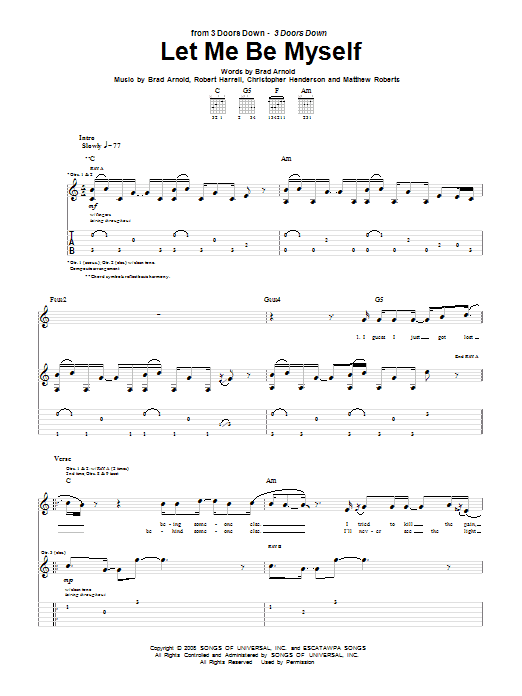 3 Doors Down Let Me Be Myself sheet music notes and chords arranged for Piano, Vocal & Guitar Chords (Right-Hand Melody)