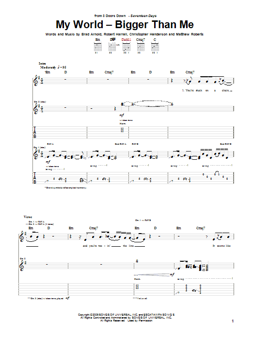 3 Doors Down My World - Bigger Than Me sheet music notes and chords arranged for Piano, Vocal & Guitar Chords (Right-Hand Melody)