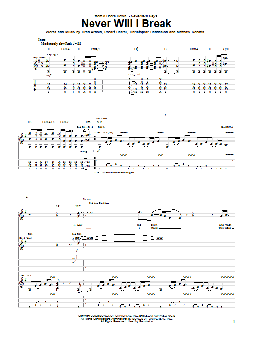 3 Doors Down Never Will I Break sheet music notes and chords arranged for Piano, Vocal & Guitar Chords (Right-Hand Melody)