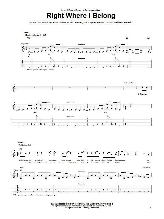 3 Doors Down Right Where I Belong sheet music notes and chords arranged for Guitar Tab