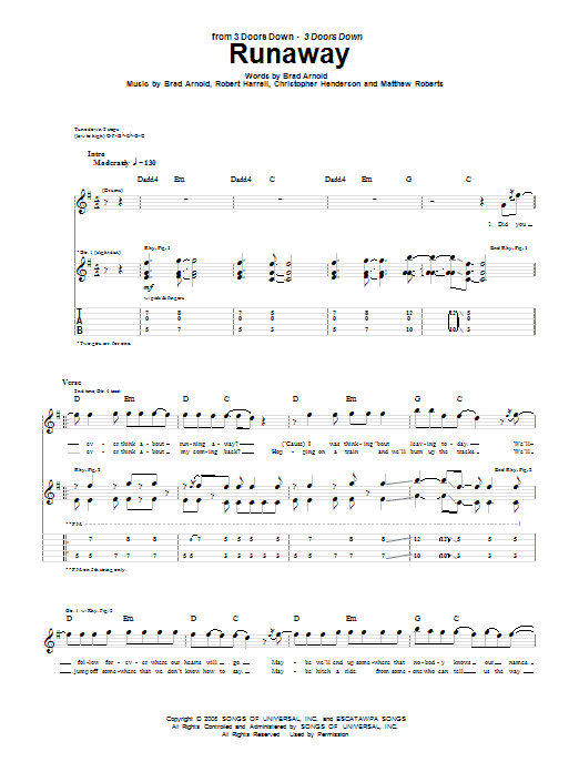 3 Doors Down Runaway sheet music notes and chords arranged for Piano, Vocal & Guitar Chords (Right-Hand Melody)