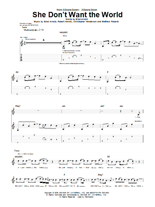 3 Doors Down She Don't Want The World sheet music notes and chords arranged for Guitar Tab
