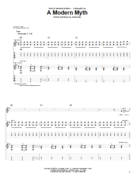 30 Seconds To Mars A Modern Myth sheet music notes and chords arranged for Guitar Tab