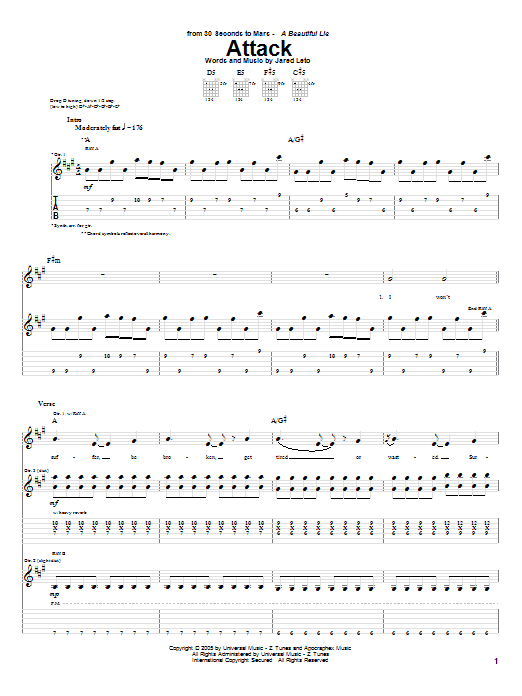 30 Seconds To Mars Attack sheet music notes and chords arranged for Guitar Tab