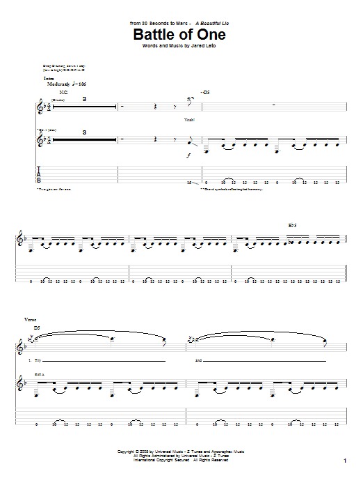 30 Seconds To Mars Battle Of One sheet music notes and chords arranged for Guitar Tab