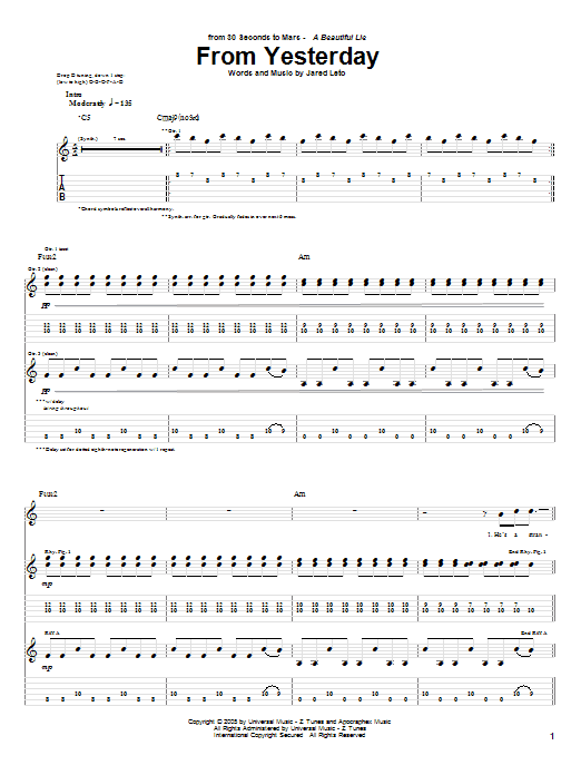 30 Seconds To Mars From Yesterday sheet music notes and chords arranged for Guitar Tab