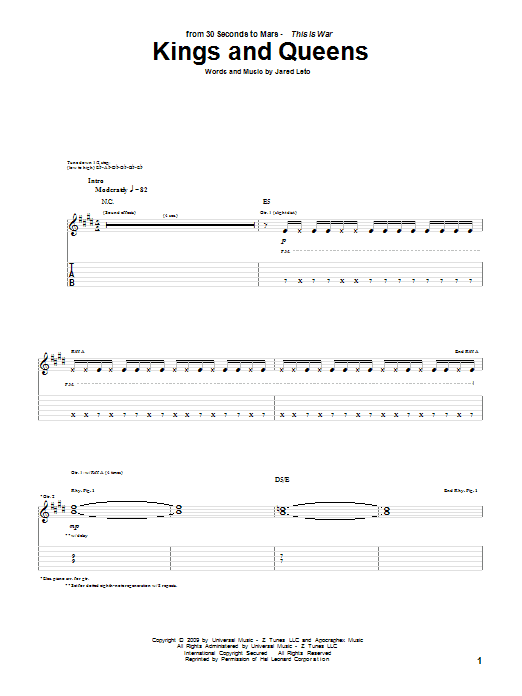 30 Seconds To Mars Kings And Queens sheet music notes and chords arranged for Guitar Tab