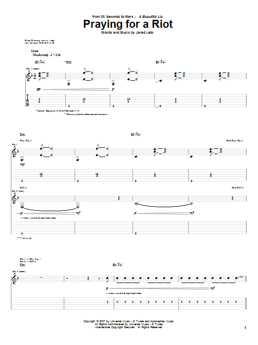 30 Seconds To Mars Praying For A Riot sheet music notes and chords arranged for Guitar Tab