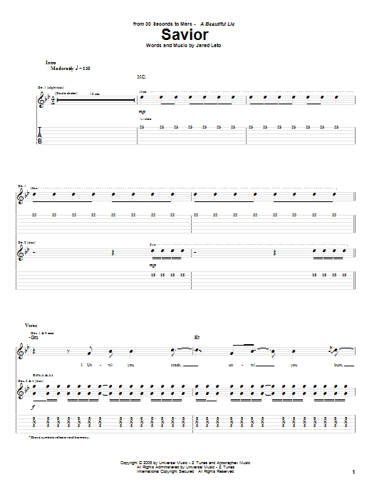 30 Seconds To Mars Savior sheet music notes and chords arranged for Guitar Tab