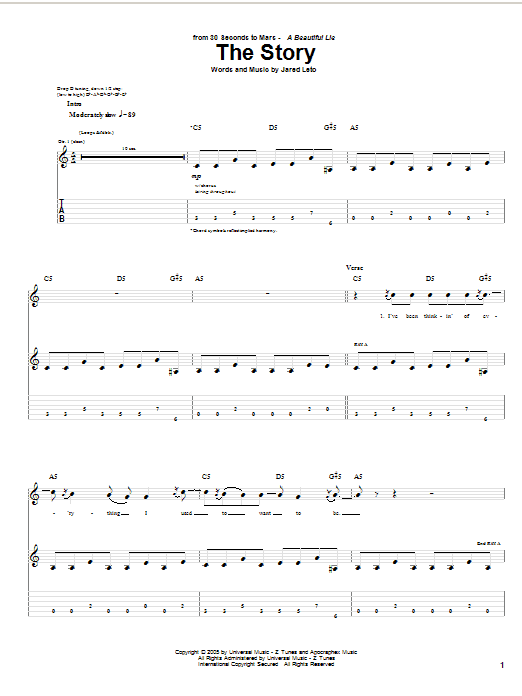 30 Seconds To Mars The Story sheet music notes and chords arranged for Guitar Tab