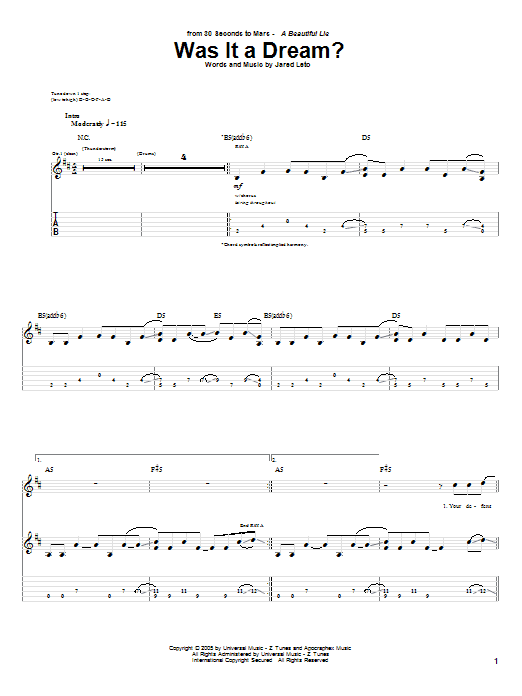 30 Seconds To Mars Was It A Dream? sheet music notes and chords arranged for Guitar Tab