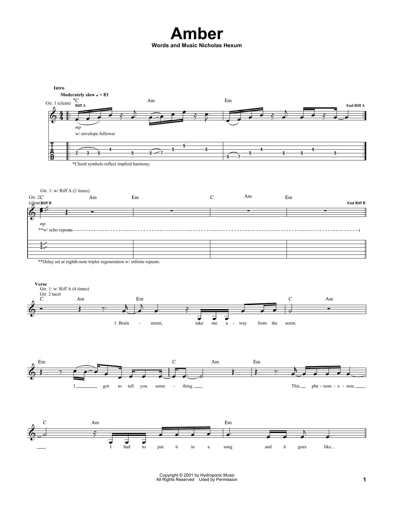 311 Amber sheet music notes and chords arranged for Guitar Tab