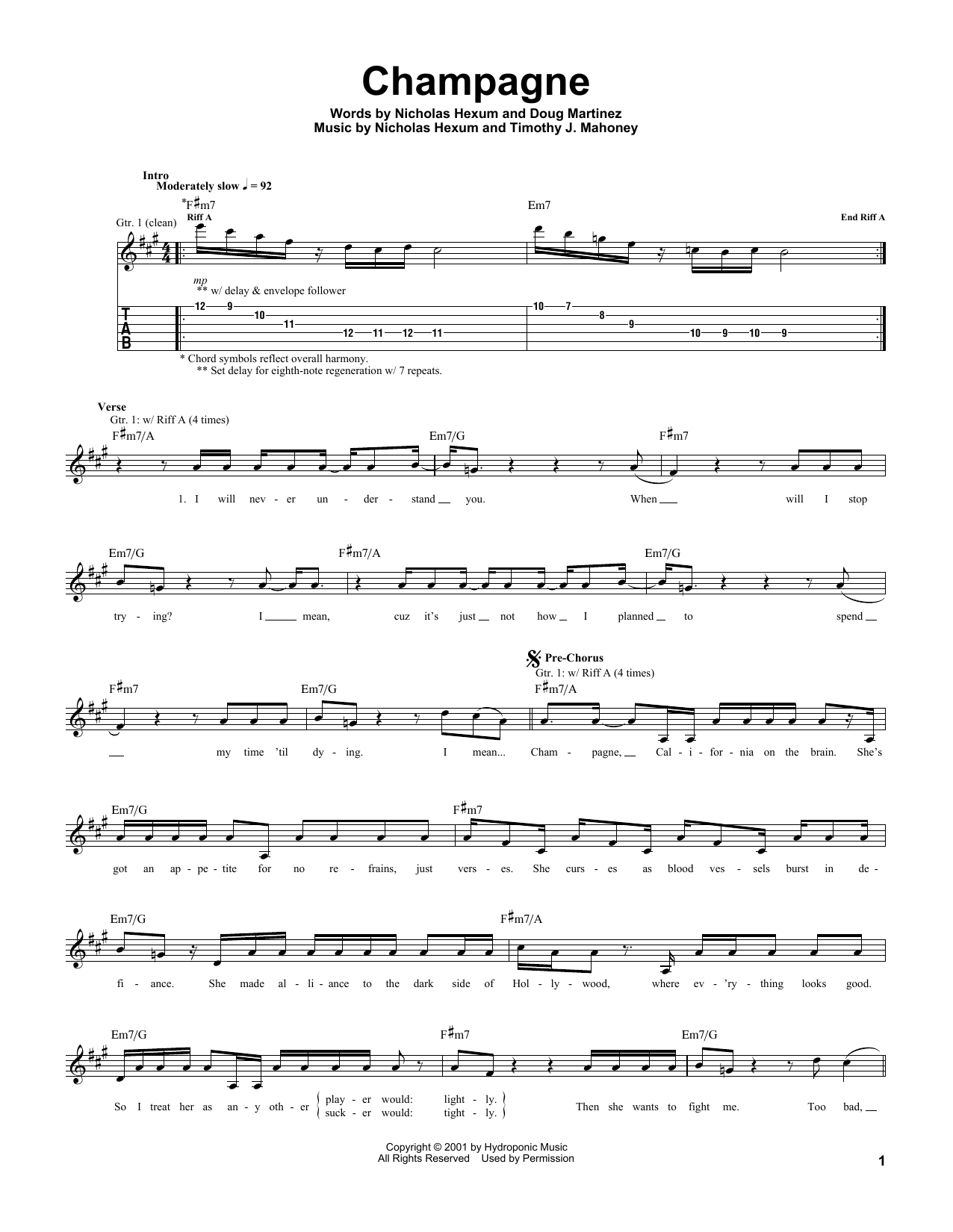 311 Champagne sheet music notes and chords arranged for Guitar Tab