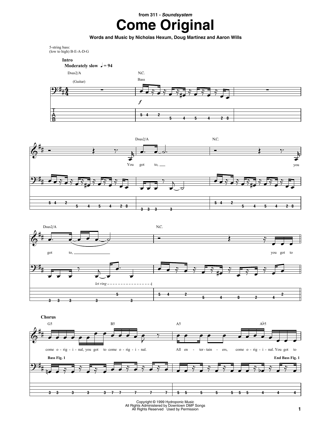 311 Come Original sheet music notes and chords arranged for Bass Guitar Tab