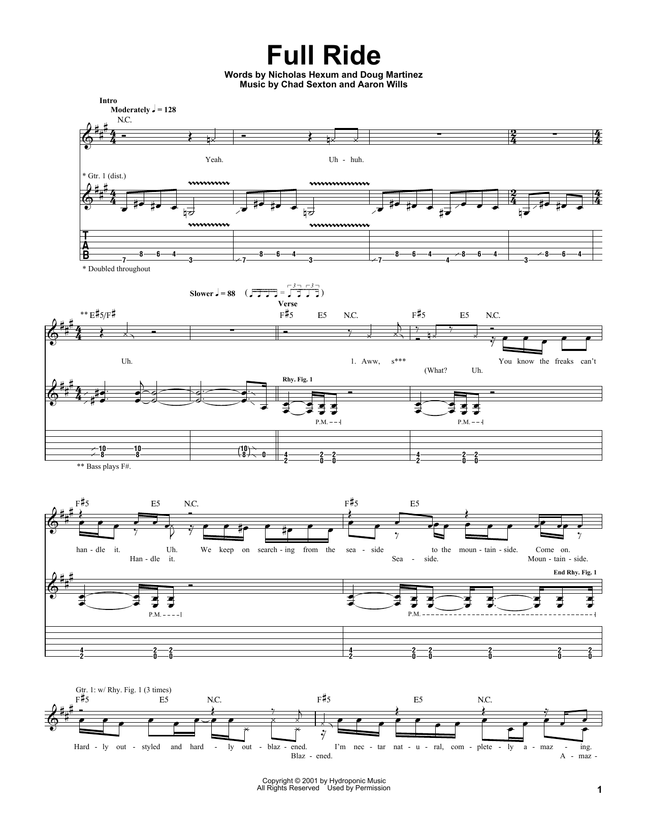 311 Full Ride sheet music notes and chords arranged for Guitar Tab