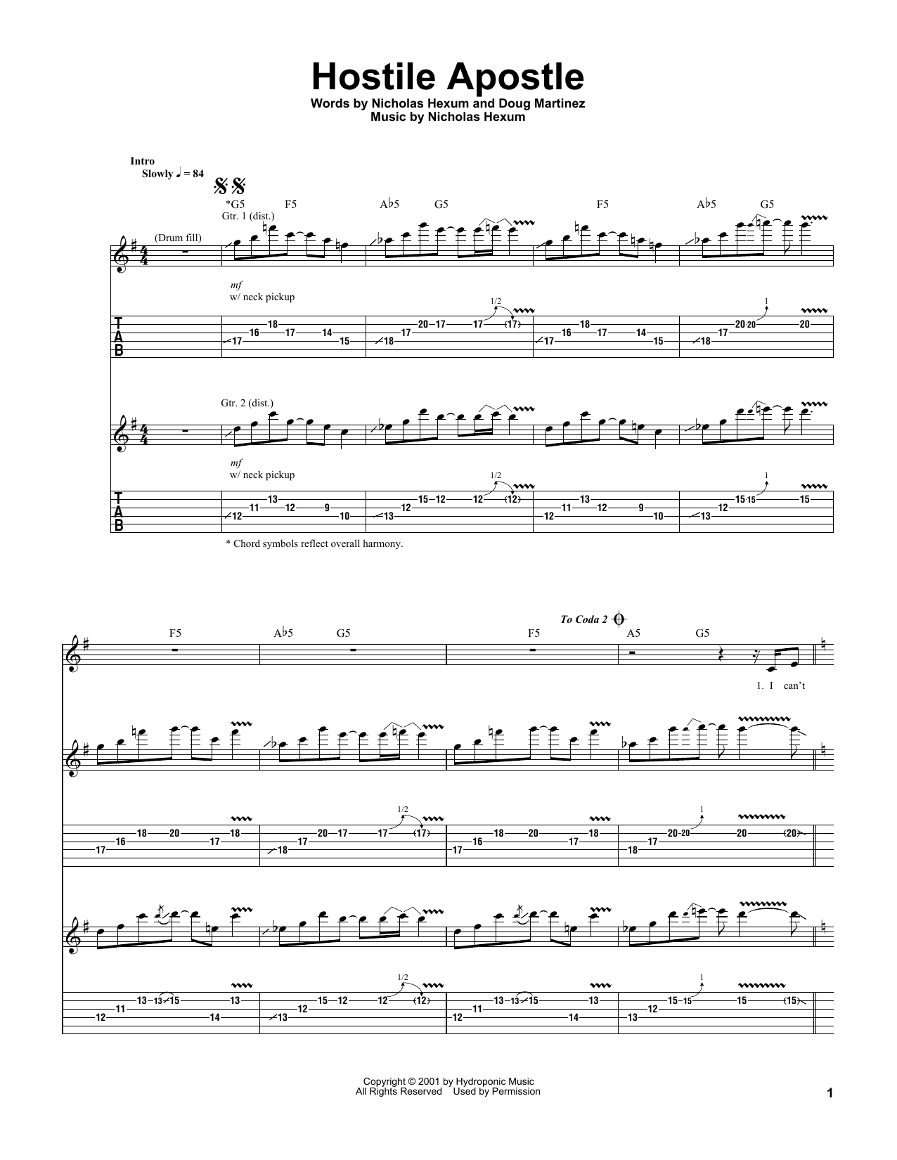 311 Hostile Apostle sheet music notes and chords arranged for Guitar Tab