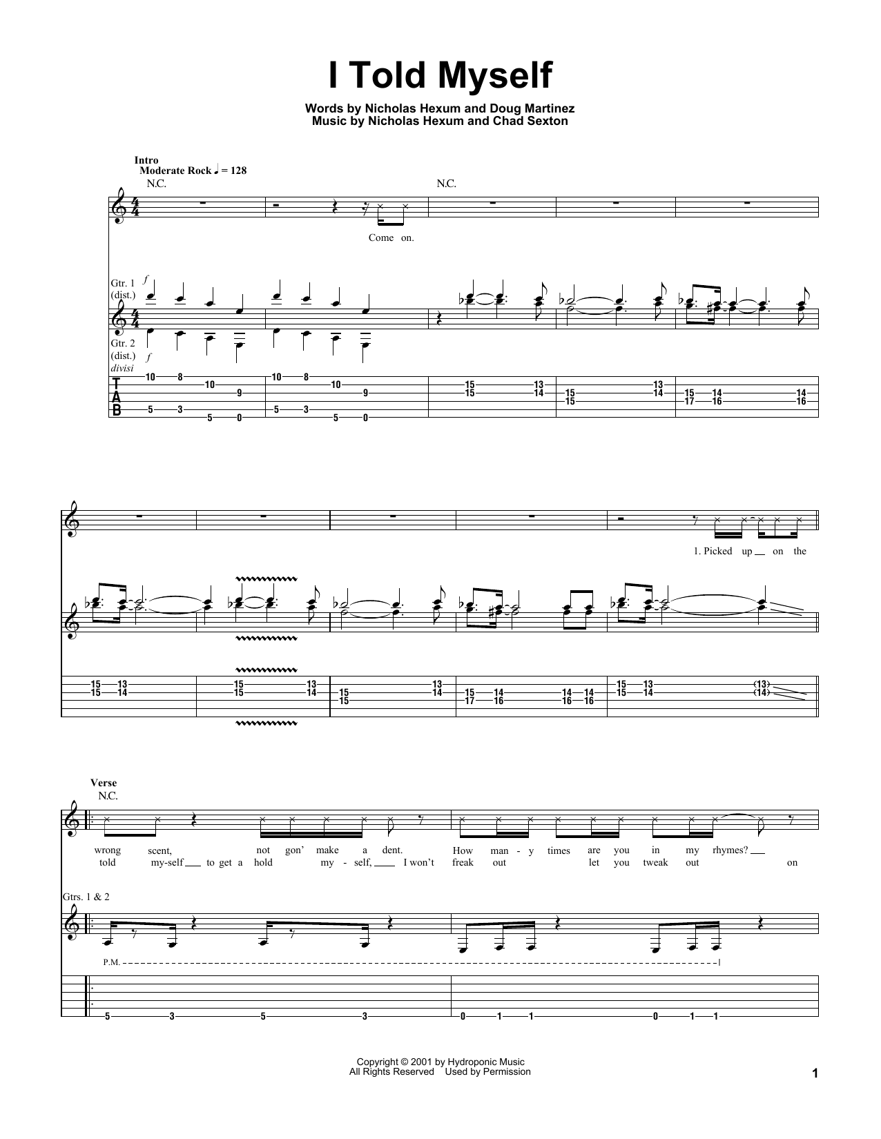 311 I Told Myself sheet music notes and chords arranged for Guitar Tab