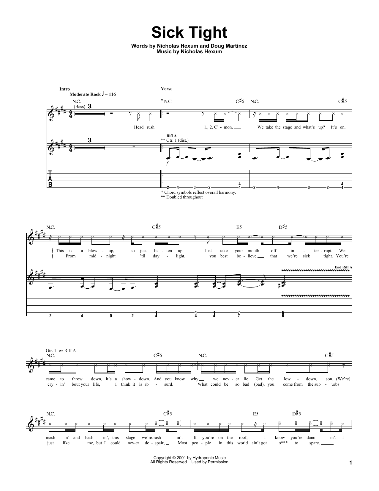 311 Sick Tight sheet music notes and chords arranged for Guitar Tab