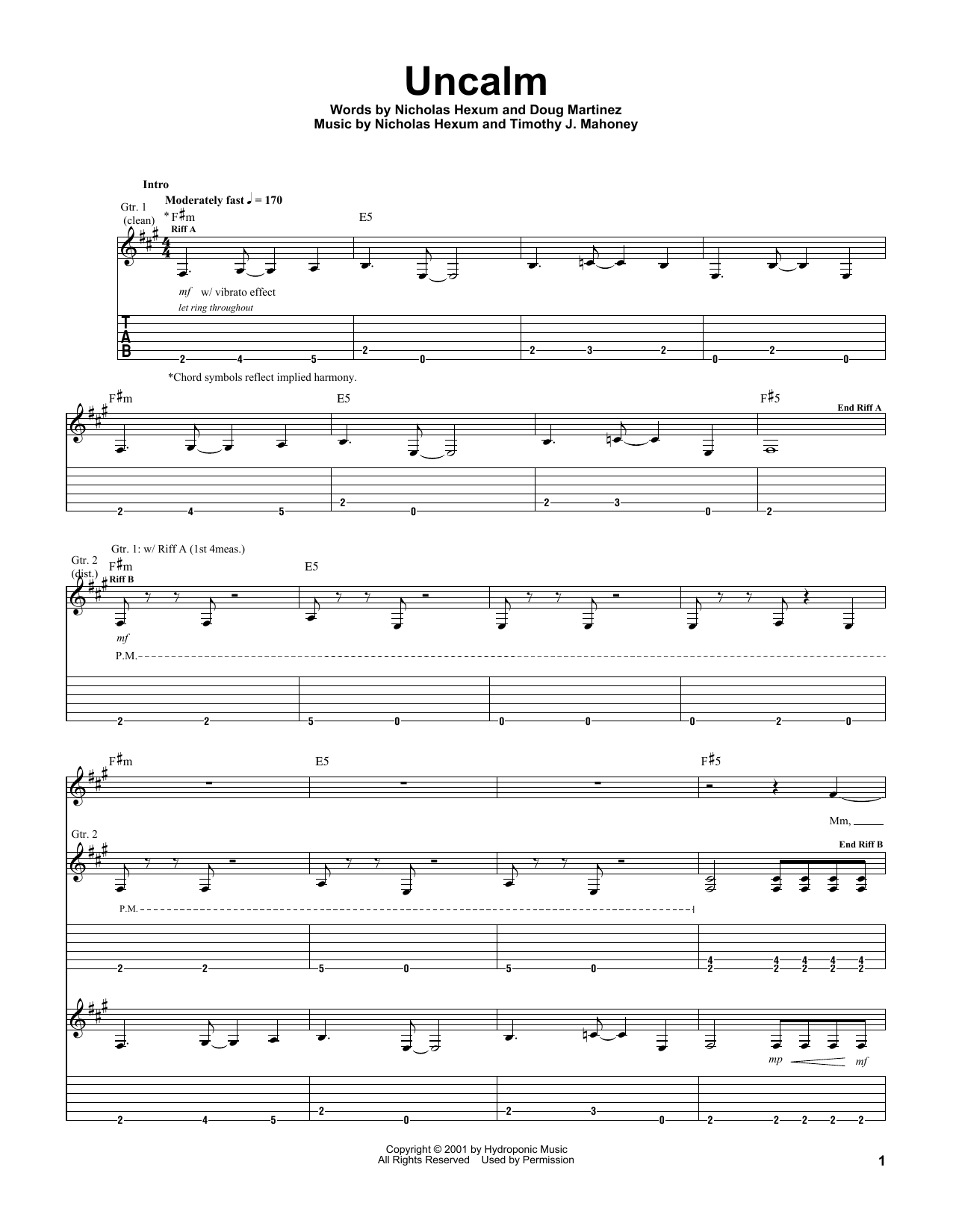 311 Uncalm sheet music notes and chords arranged for Guitar Tab