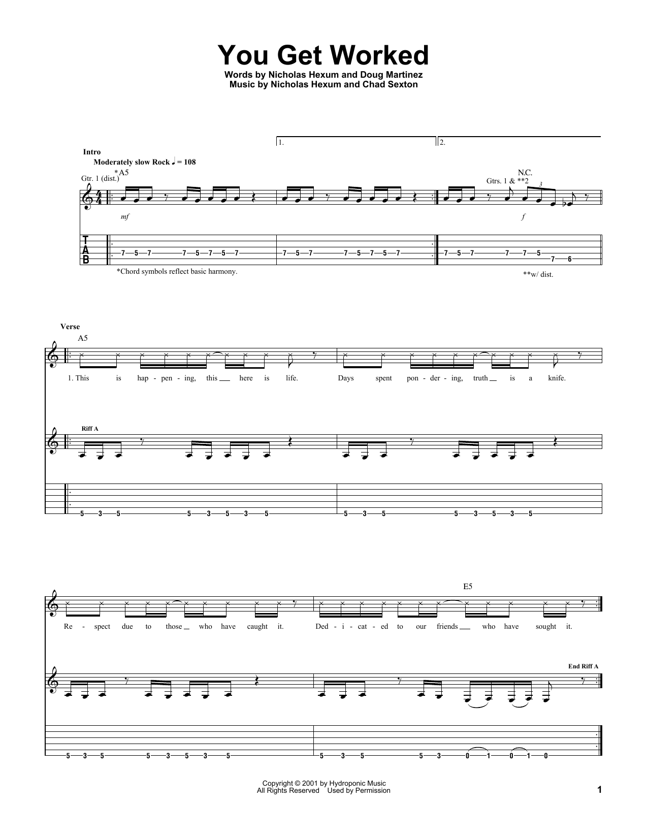 311 You Get Worked sheet music notes and chords arranged for Guitar Tab