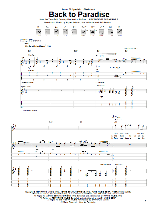 38 Special Back To Paradise sheet music notes and chords arranged for Guitar Tab