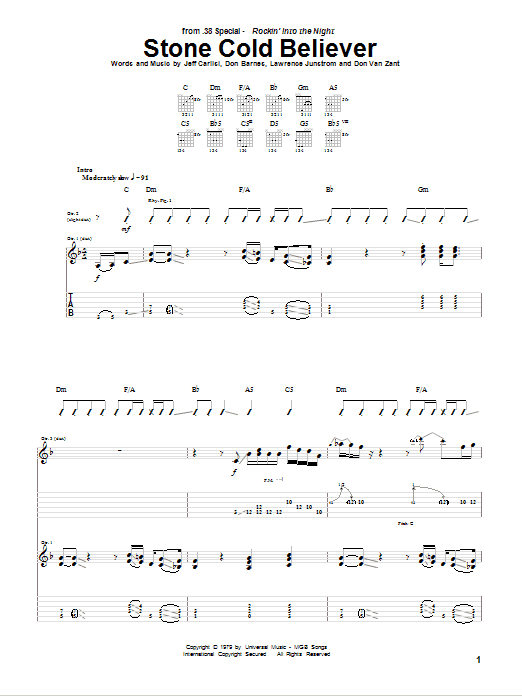 38 Special Stone Cold Believer sheet music notes and chords arranged for Guitar Tab
