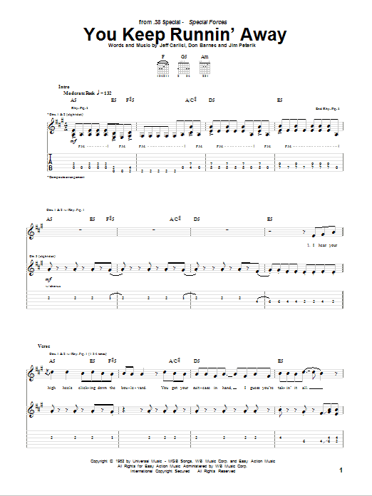 38 Special You Keep Runnin' Away sheet music notes and chords arranged for Guitar Tab