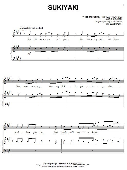 4 P.M. Sukiyaki sheet music notes and chords arranged for Piano, Vocal & Guitar Chords (Right-Hand Melody)