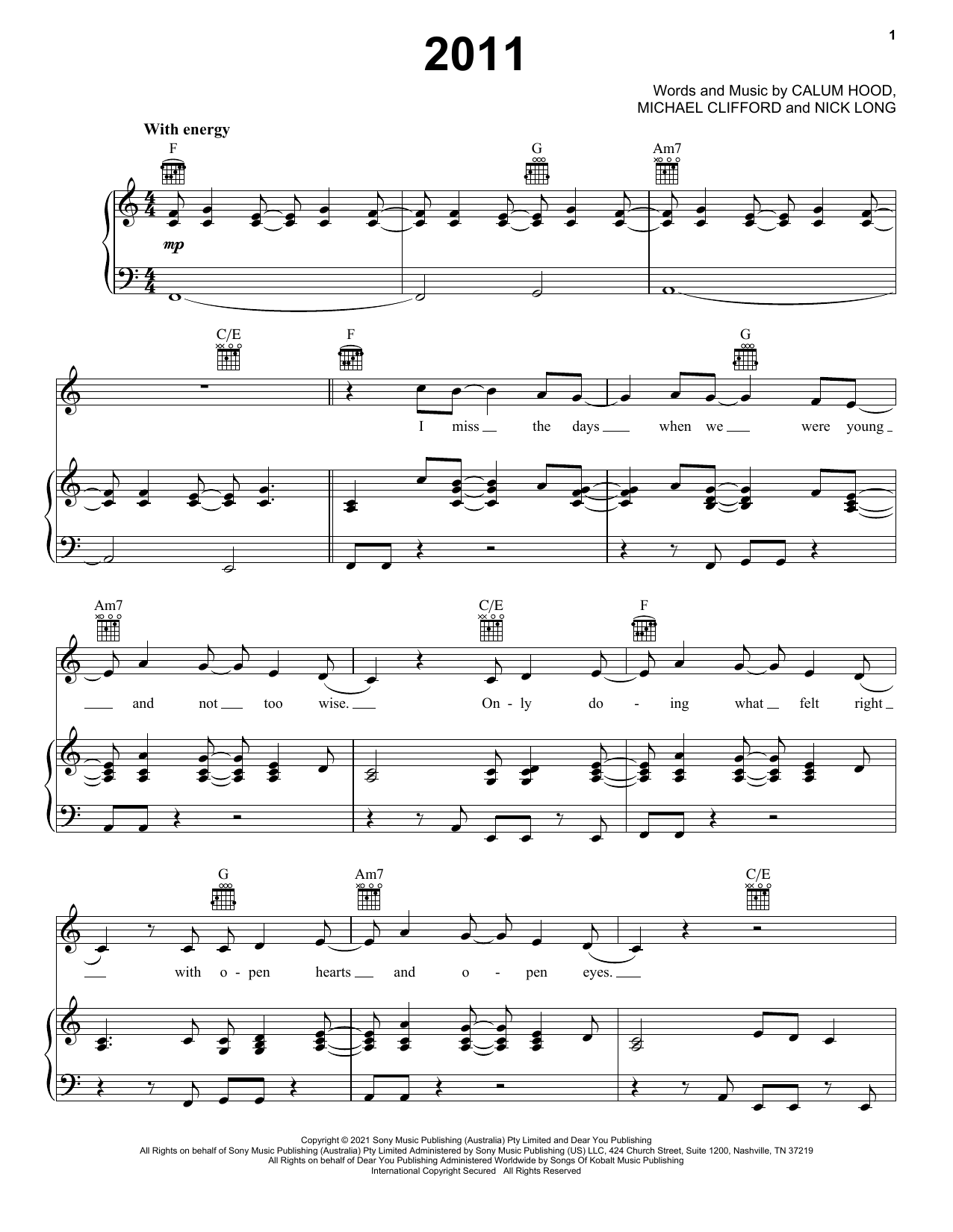 5 Seconds of Summer 2011 sheet music notes and chords arranged for Piano, Vocal & Guitar Chords (Right-Hand Melody)