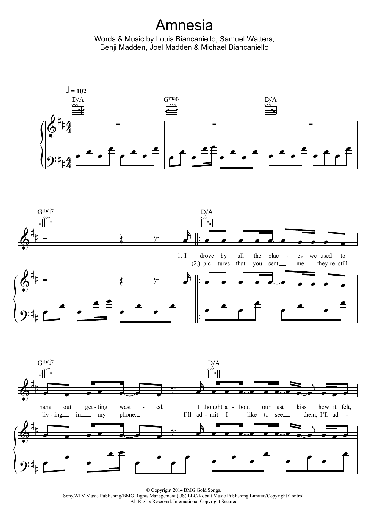 5 Seconds of Summer Amnesia sheet music notes and chords arranged for Piano, Vocal & Guitar Chords (Right-Hand Melody)