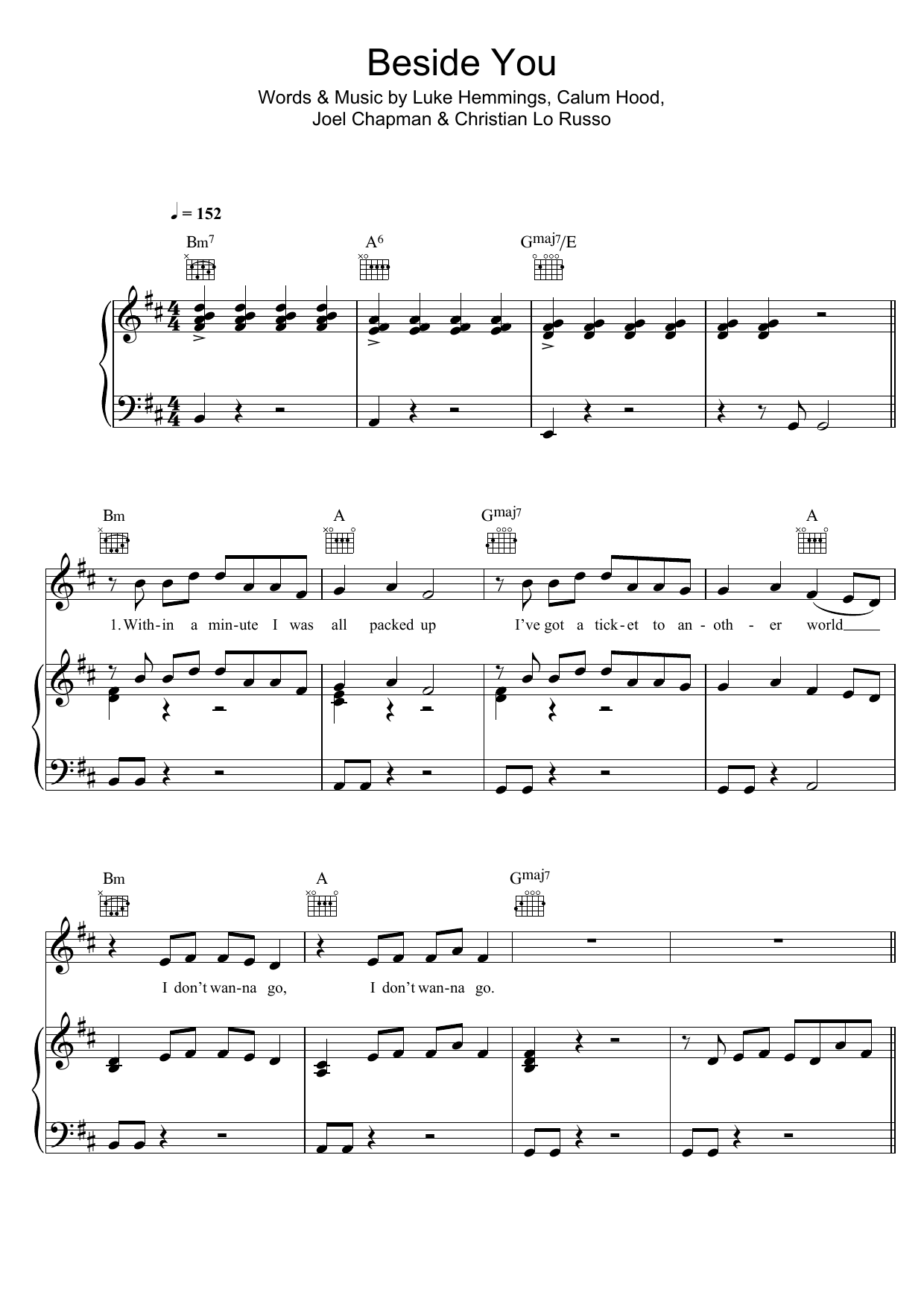 5 Seconds of Summer Beside You sheet music notes and chords arranged for Piano, Vocal & Guitar Chords