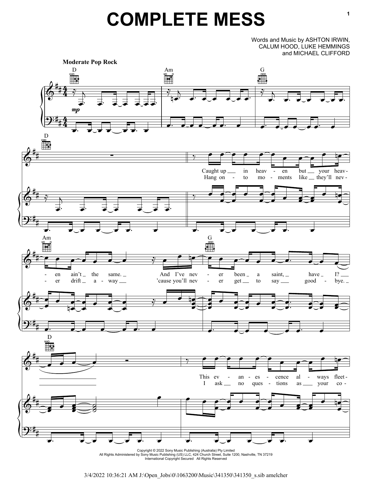 5 Seconds of Summer Complete Mess sheet music notes and chords arranged for Piano, Vocal & Guitar Chords (Right-Hand Melody)